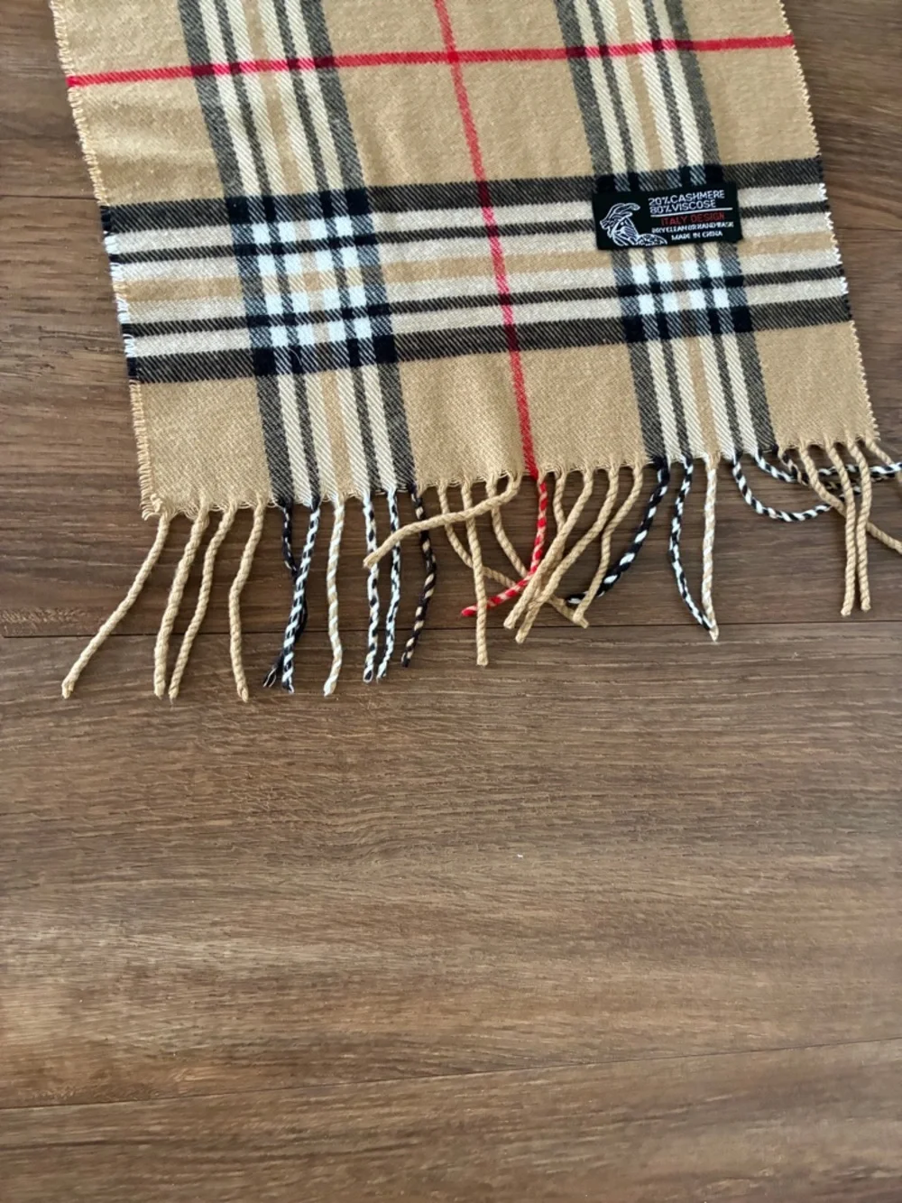 Plaid Cashmere Blend Vintage Inspired Scarf - Tan & Red Check - Soft Fringe
